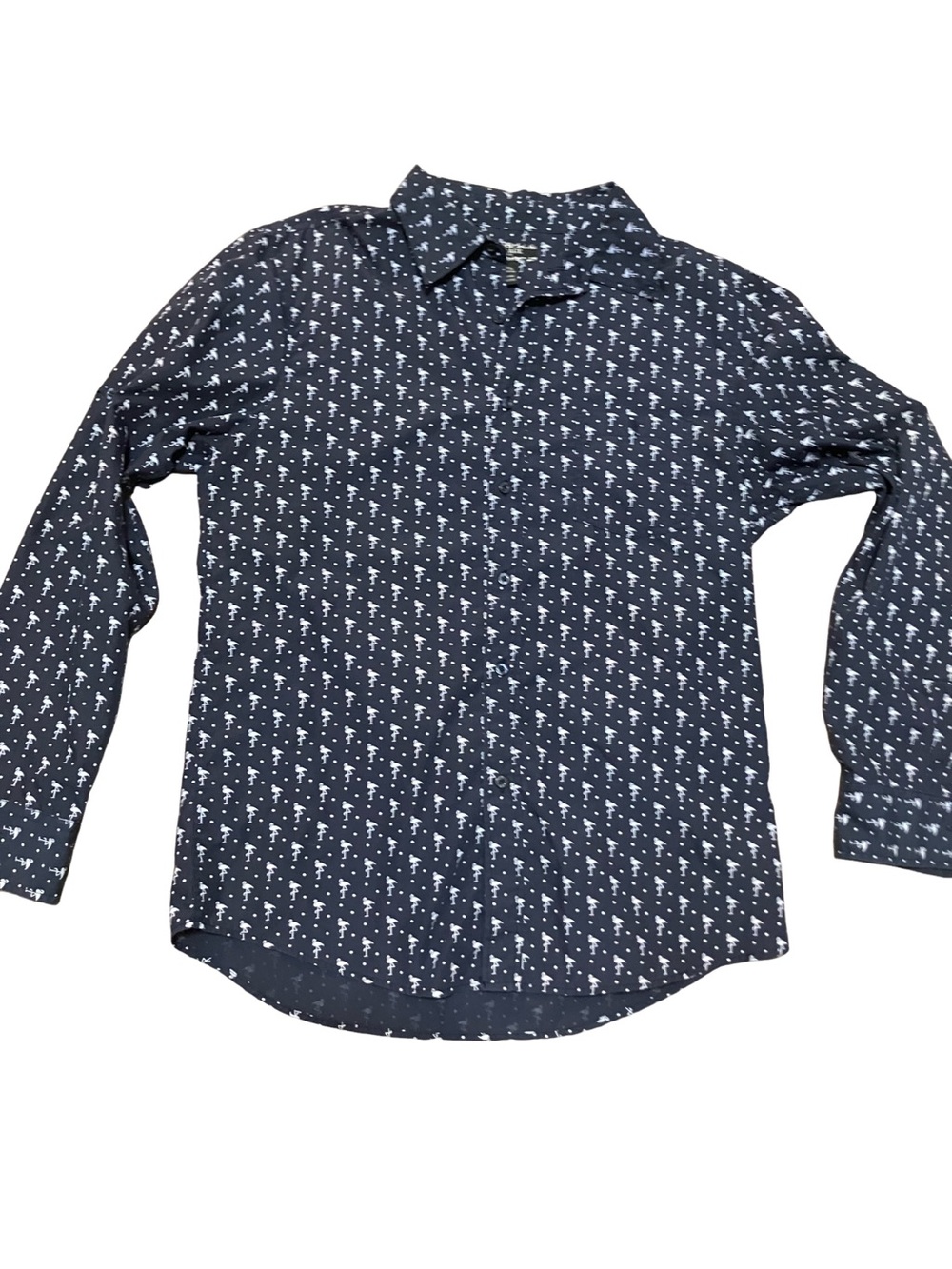 Men's Navy Button-Down Shirt with White Flamingo Print Large